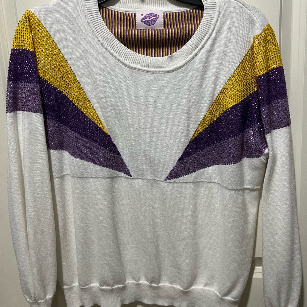 White Sweater with Purple and Yellow Accents